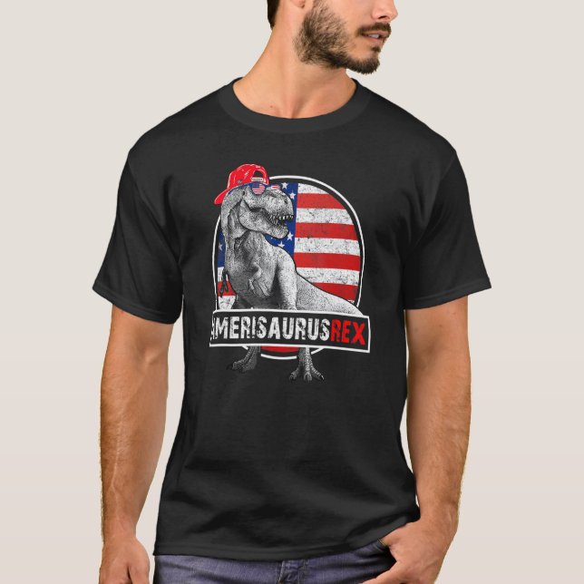 Amerisaurus 4:e juli Dinosaur Rex American Flagga T Shirt (Framsida)