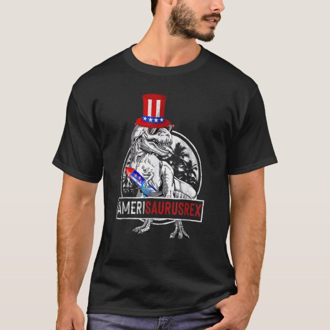 Amerisaurus Rex Dino juli 4:e Amerikanska Flagga P T Shirt (Framsida)