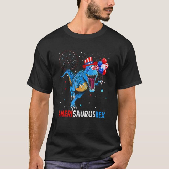 Amerisaurus Rex Dinosaur juli 4:e Amerikanska Flag T Shirt (Framsida)