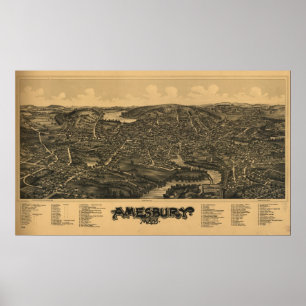 Amesbury Massachusetts 1890 Antique Panoramic Kart Poster