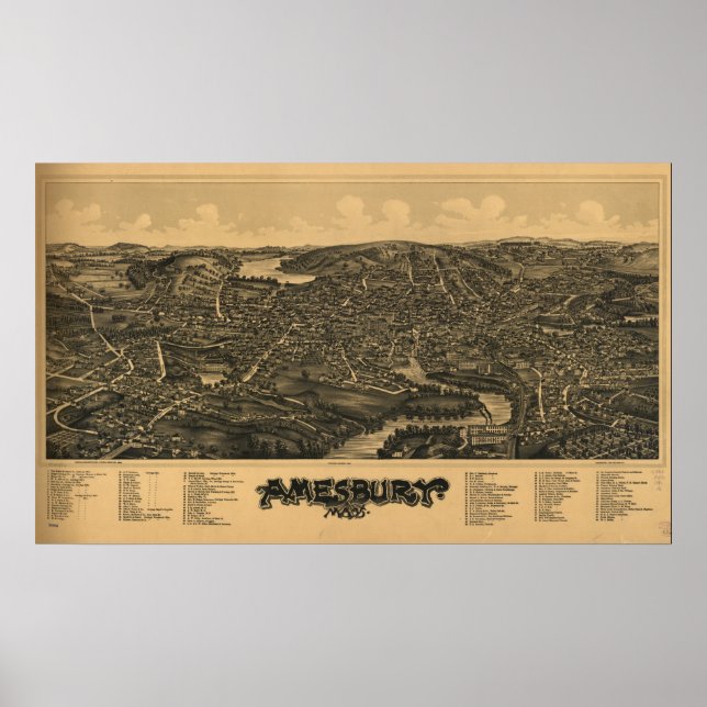 Amesbury Massachusetts 1890 Antique Panoramic Kart Poster (Framsidan)