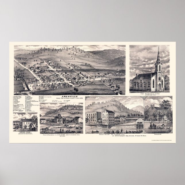 Amesville, OH Panoramic Karta - 1875 Poster (Framsidan)