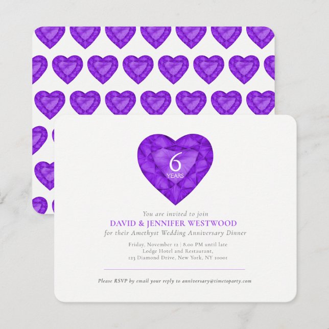 Amethyst 6:e bröllopsdag lila ädelsten hjärta akva inbjudningar (Fram/baksida)