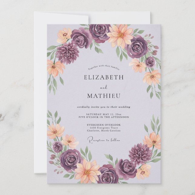 Amethyst Aprikos Ranunculus Eucalyptus Bröllop Inbjudningar (Framsida)