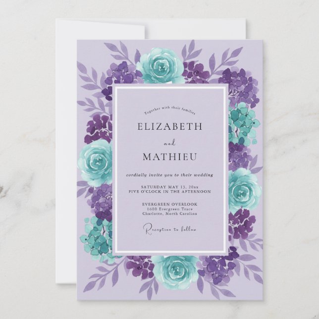 Amethyst Aqua Ranunculus Eucalyptus Bröllop Inbjudningar (Framsida)
