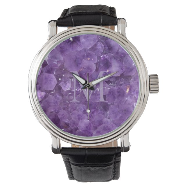 Amethyst Birthstone Monogram Personlig Namn Armbandsur (Framsida)