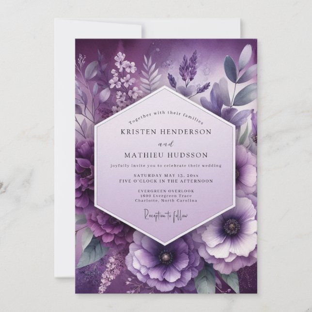 Amethyst Blommig Elegans Bröllop Inbjudningar (Framsida)