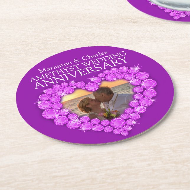 Amethyst bröllop-jubileumsfoto underlägg papper rund (Vinklad)