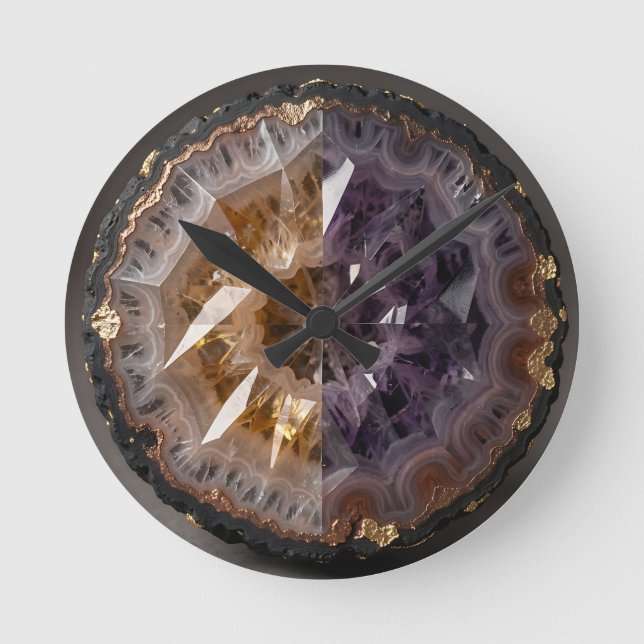 Amethyst Citrin Delad Geod Kristall Lyx Rund Klocka (Framsida)