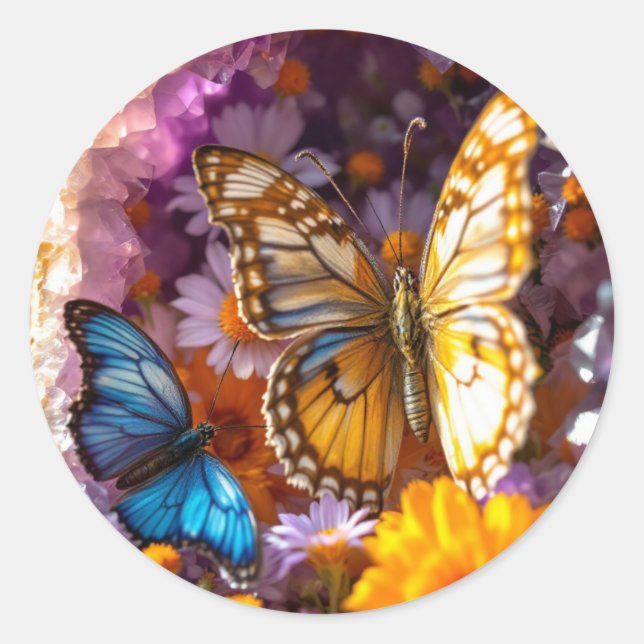 Amethyst Crystals Garden Butterfly Runt Klistermärke (Framsida)