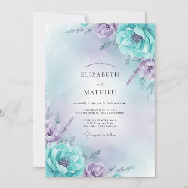 Amethyst Cyan Peony Bröllop Inbjudningar (Framsida)