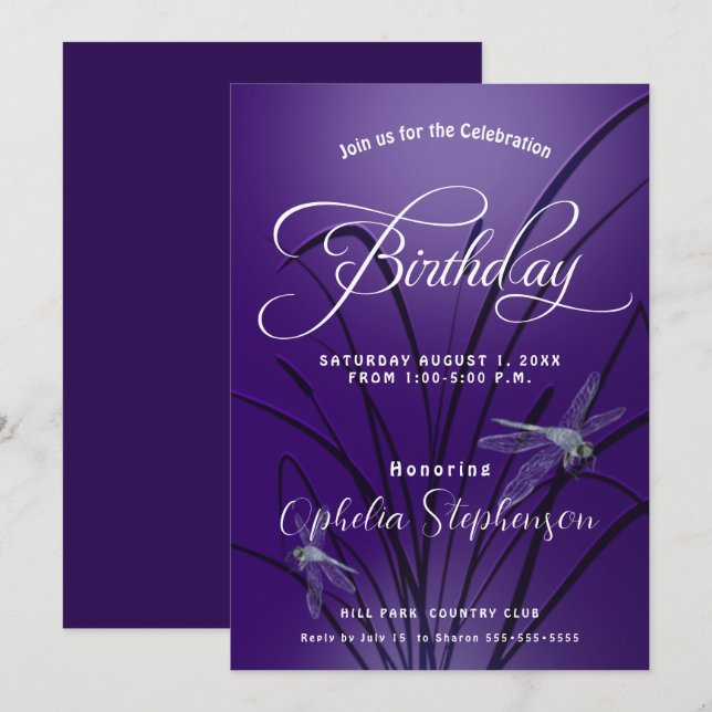 Amethyst Dragonfly Birthday-inbjudan Inbjudningar (Fram/baksida)