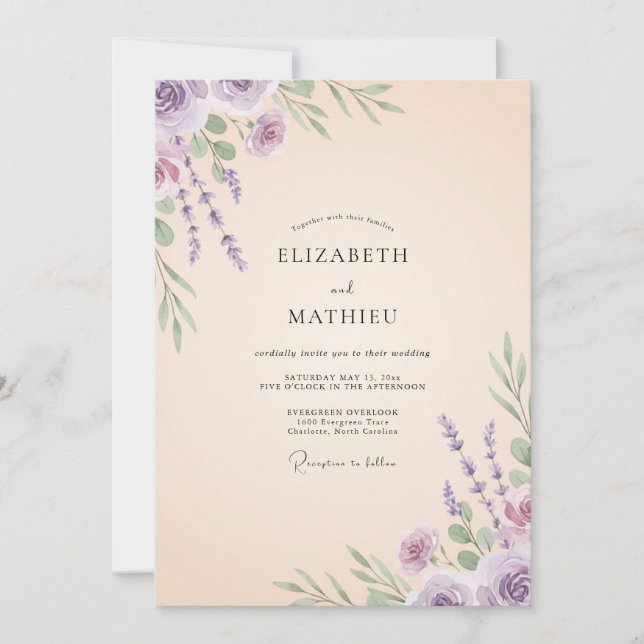 Amethyst Elfenbenskräm Vildblomma Bröllop Inbjudningar (Framsida)