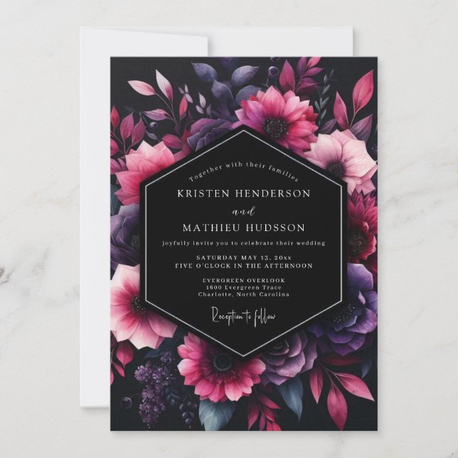 Amethyst Floral Noir Wedding Inbjudningar (Framsida)