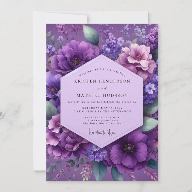 Amethyst Frodig Blommig Bröllop Inbjudningar (Framsida)