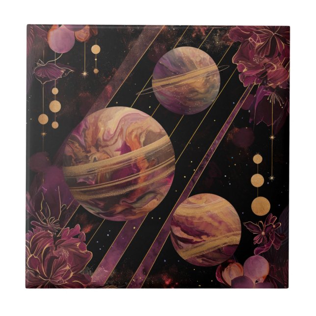 Amethyst Galax Planet Guld Celestial Kakelplatta (Framsidan)
