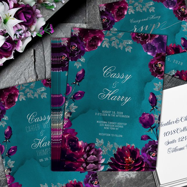 Amethyst Garnet Teal Jewel Tone Bröllop Inbjudningar (Amethyst Garnet Teal Jewel Tone Wedding Invitation in deep purple amethyst and garnet burgundy red)