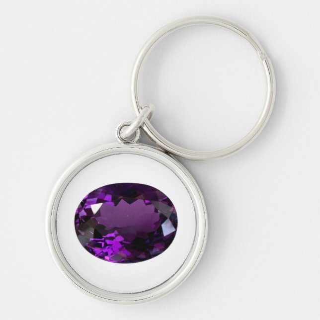 Amethyst Gemstone Rund Silverfärgad Nyckelring (Framsidan)