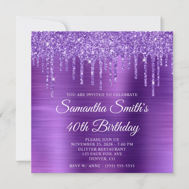 Amethyst Glitter Drips and Foil 40th Birthday Inbjudningar (Framsida)