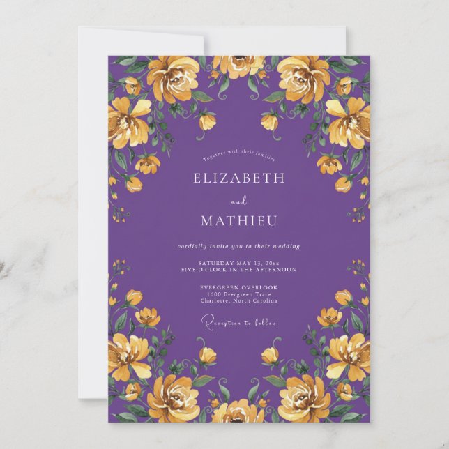 Amethyst Guld Ranunculus Eucalyptus Bröllop Inbjudningar (Framsida)