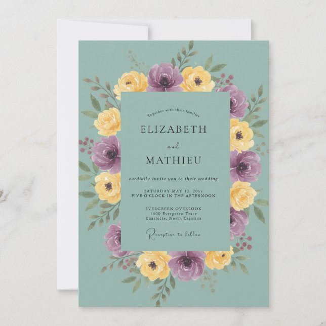 Amethyst Guld Ranunculus Eucalyptus Bröllop Inbjudningar (Framsida)