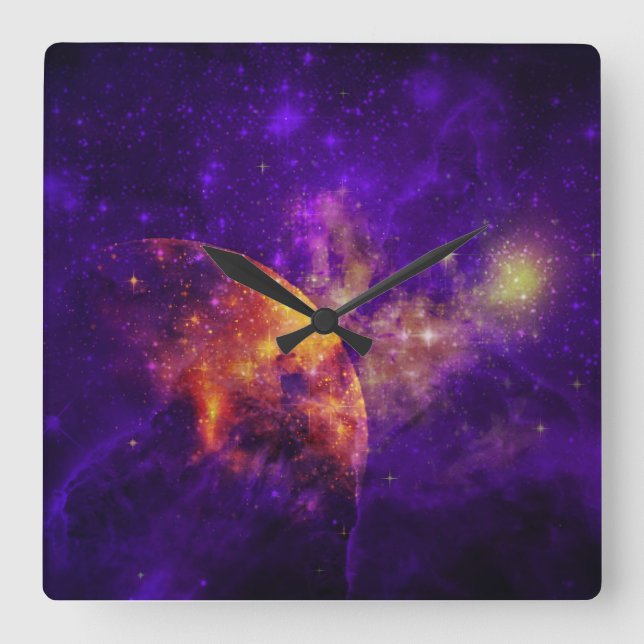Amethyst Himlar, Golden Planet n Nebula Wall Clock Fyrkantig Klocka (Framsida)