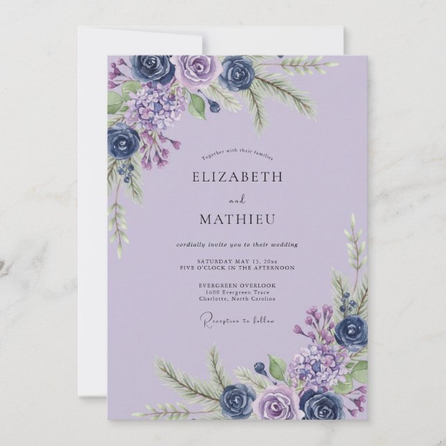 Amethyst Indigo Lövverk Eukalyptus Bröllop Inbjudningar (Framsida)
