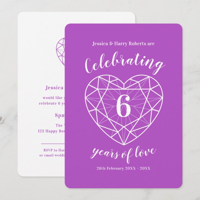 Amethyst-jubileum 6 år av kärlek festinbjudningar inbjudningar (Fram/baksida)