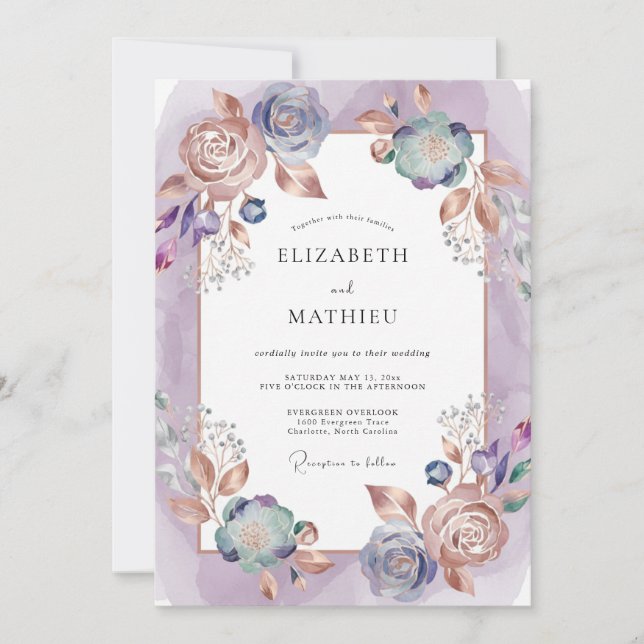 Amethyst Koppar Ranunculus Eucalyptus Bröllop Inbjudningar (Framsida)