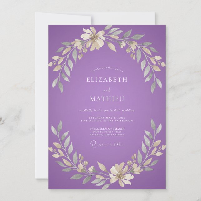 Amethyst Kräm Blomster Bröllop Inbjudningar (Framsida)