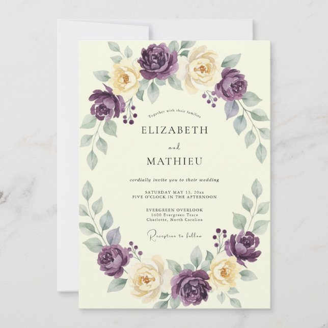Amethyst Kräm Ranunculus Eucalyptus Bröllop Inbjudningar (Framsida)