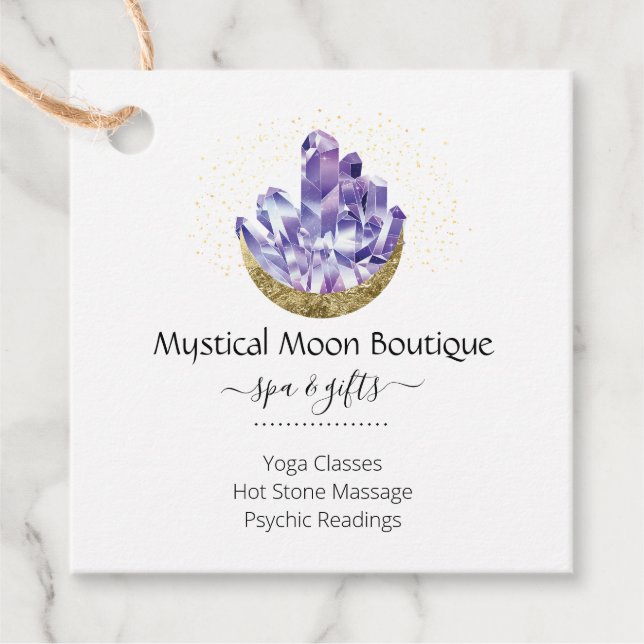 Amethyst Kristallkluster Guld Halvmåne Mystik Gåvor Etiketter (Framsida)