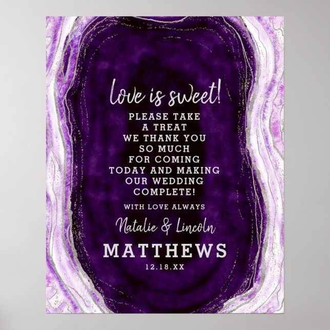 Amethyst Lila Geode Kärlek är Sweet Bröllop Sign Poster (Framsidan)