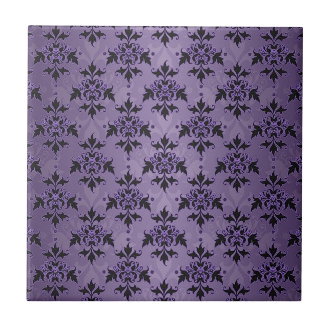 Amethyst lila och svart damast kakelplatta (Framsidan)