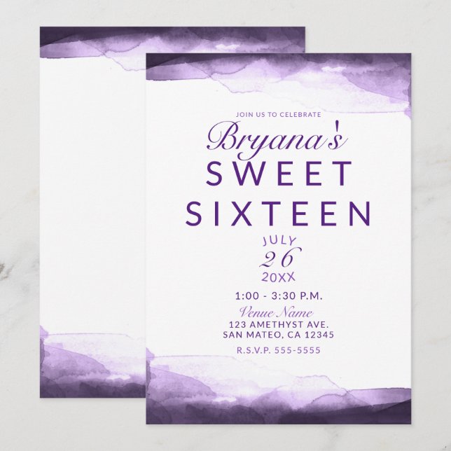 Amethyst Lila Plommon Modern Chic Söt 16 Födelseda Inbjudningar (Fram/baksida)