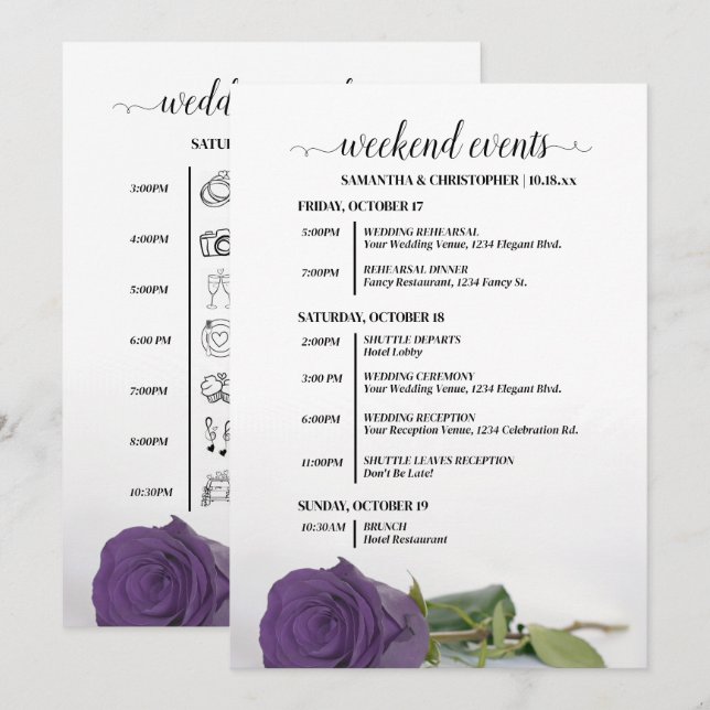 Amethyst Lila Rosa Brölllopsevenemang & Tidslinje Program (Fram/baksida)