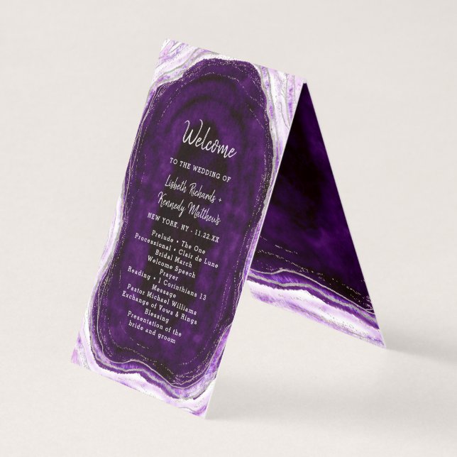 Amethyst lila & silver bröllopsceremoni-program kort (Framsida)