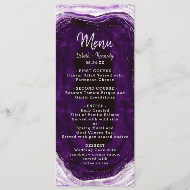 Amethyst Lila & Silver Geode Agate Marmor Middag Meny (Framsida)