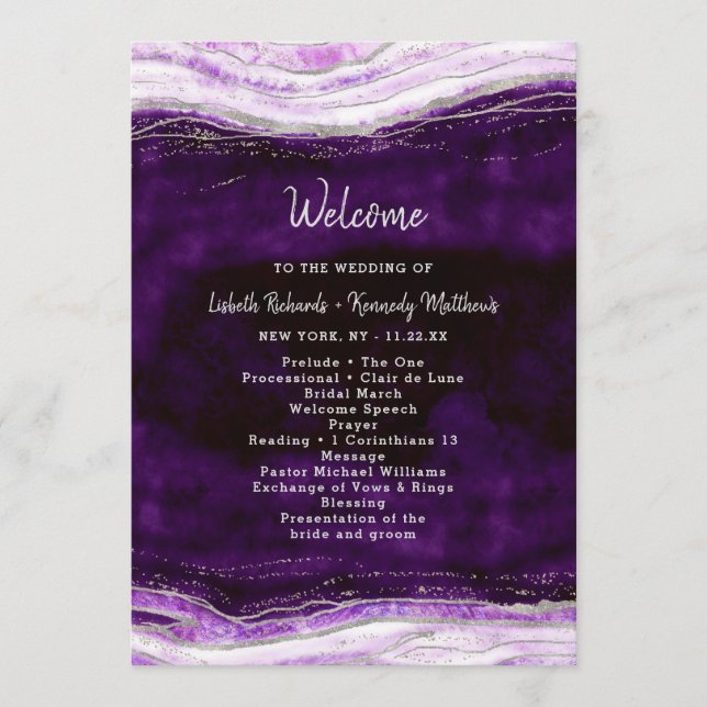 Amethyst Lila & Silver Geode Bröllop Ceremony Program (Framsida)