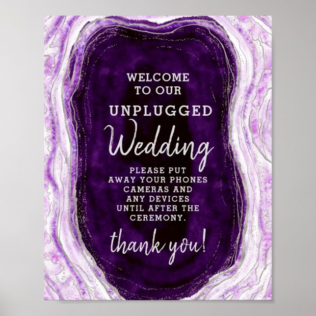 Amethyst Lila Unplugged Bröllop Bord Sign Poster (Framsidan)