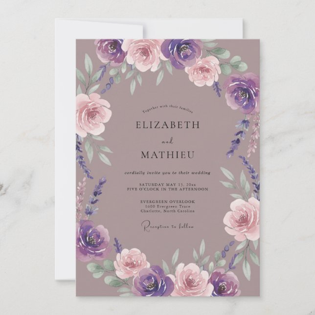 Amethyst Lilaf Mauve Peony Bröllop Inbjudningar (Framsida)