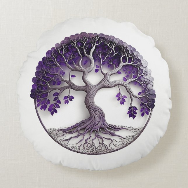 Amethyst Livets träd Yggdrasil Rund Kudde (Framsidan)