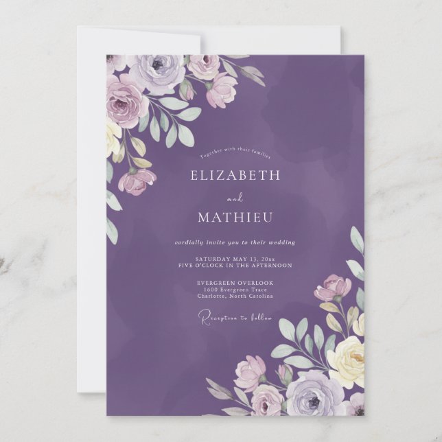 Amethyst Målad Vildblomma Bröllop Inbjudningar (Framsida)
