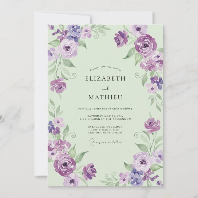 Amethyst Mint Krans Eukalyptus Bröllop Inbjudningar (Framsida)