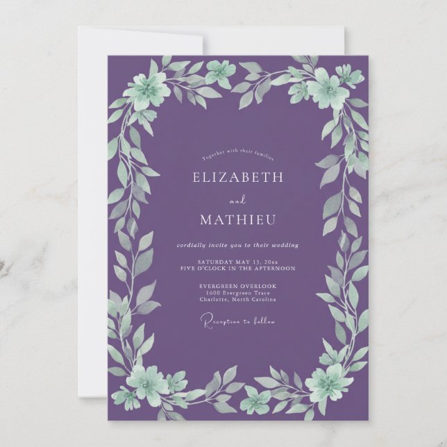 Amethyst Mint Lövverk Eucalyptus Bröllop Inbjudningar (Framsida)
