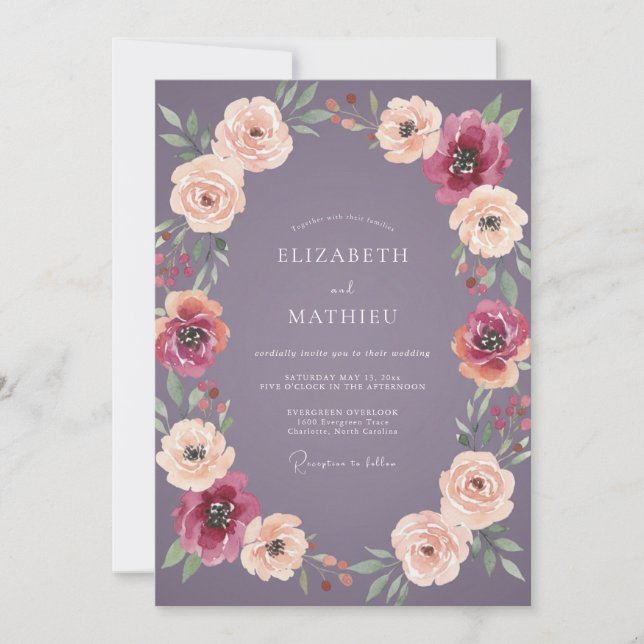 Amethyst Persika Ranunculus Eucalyptus Bröllop Inbjudningar (Framsida)