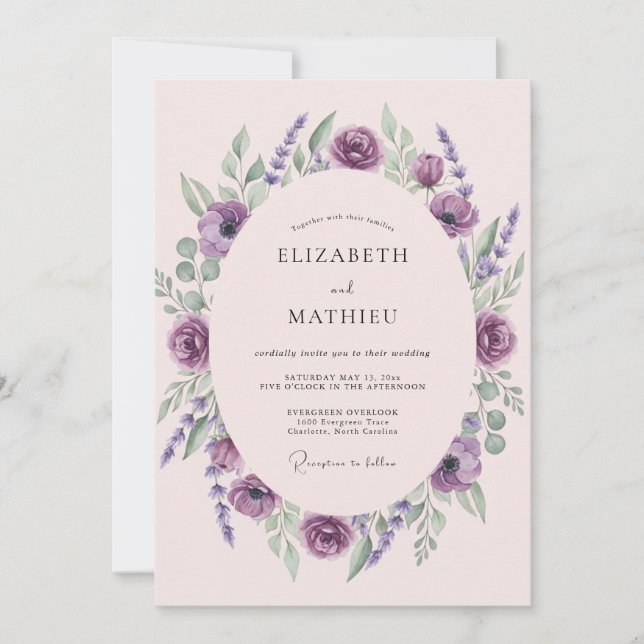 Amethyst Plommon Ranunculus Eucalyptus Bröllop Inbjudningar (Framsida)