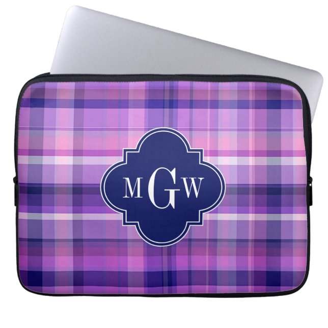 Amethyst Rosa Navy Wht Preppy Madras Monogram Laptop Sleeve (Framsidan)