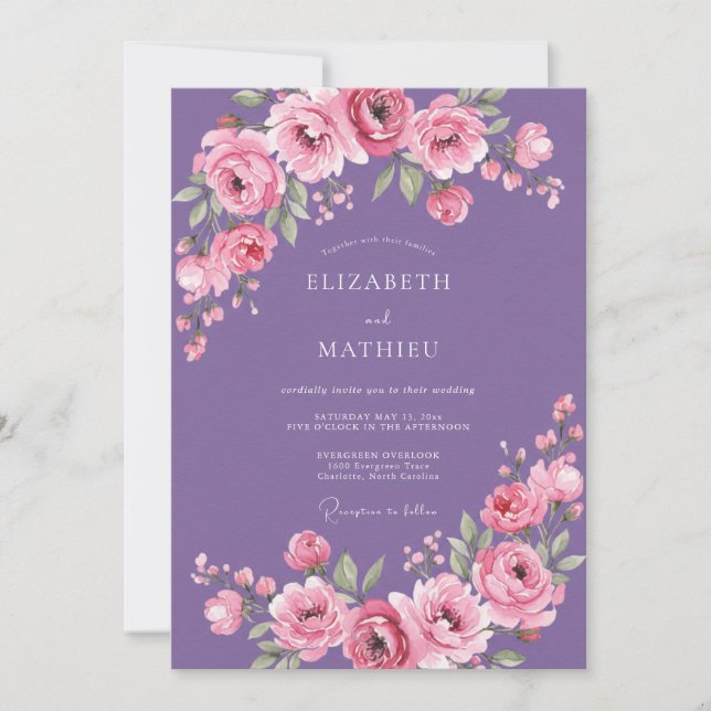 Amethyst Rosa Vattenfärg Blommig Bröllop Inbjudningar (Framsida)