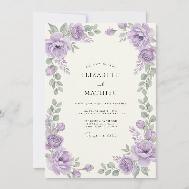 Amethyst Silver Ranunculus Eucalyptus Bröllop Inbjudningar (Framsida)